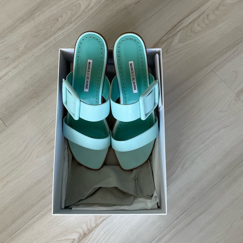 Manolo Blahnik Light Blue Buckle Sandals - Picture 2 of 6
